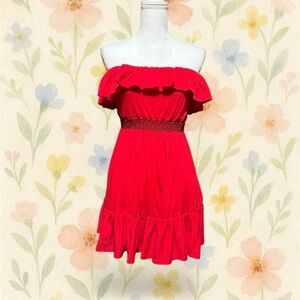BONGO Red Off Shoulder Ruffle Mini Dress Smocked Waist Women’s M Y2K Scene Emo